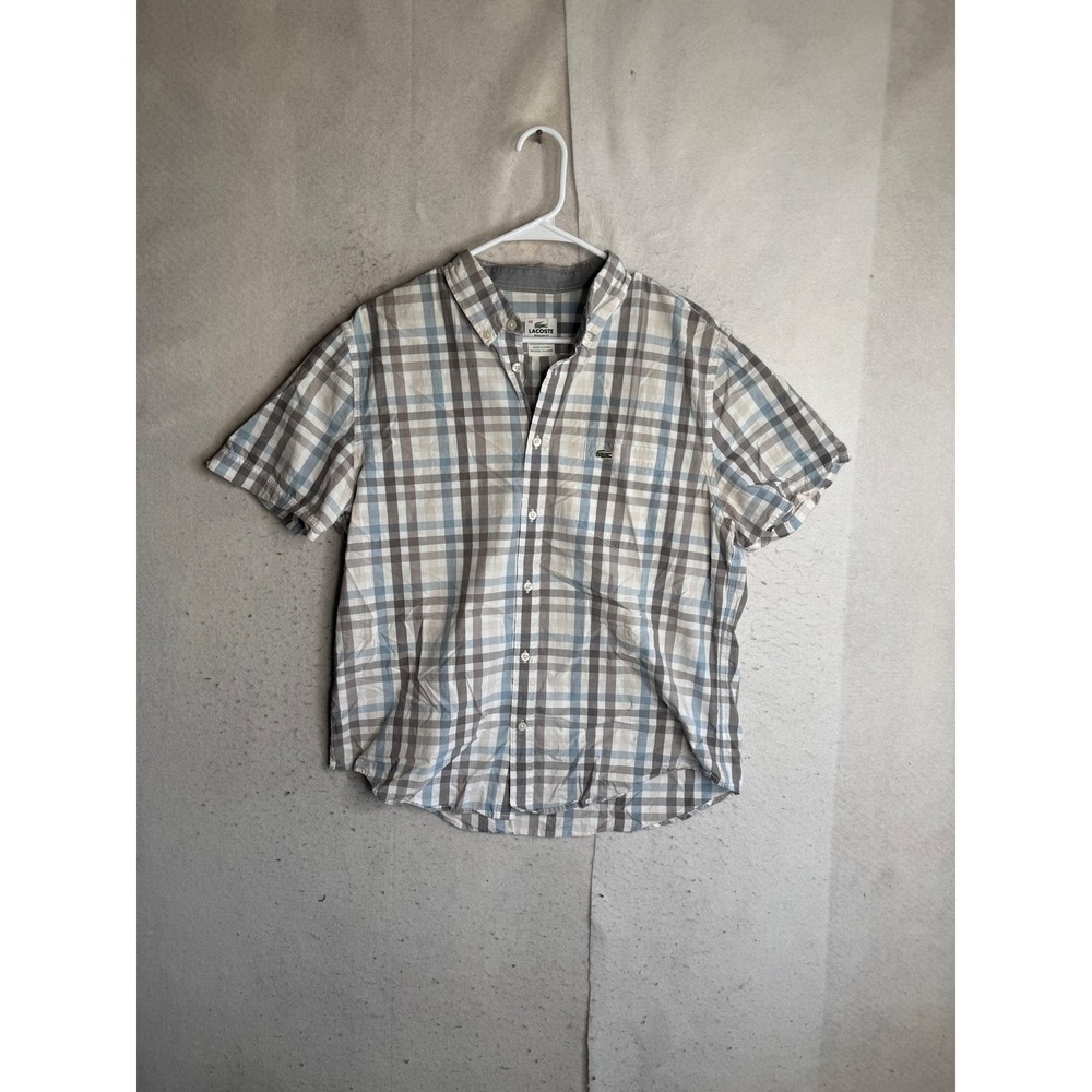 Lacoste Mens Regular Fit Plaid Short Sleeve Button Down Shirt Blue Tan Size 42